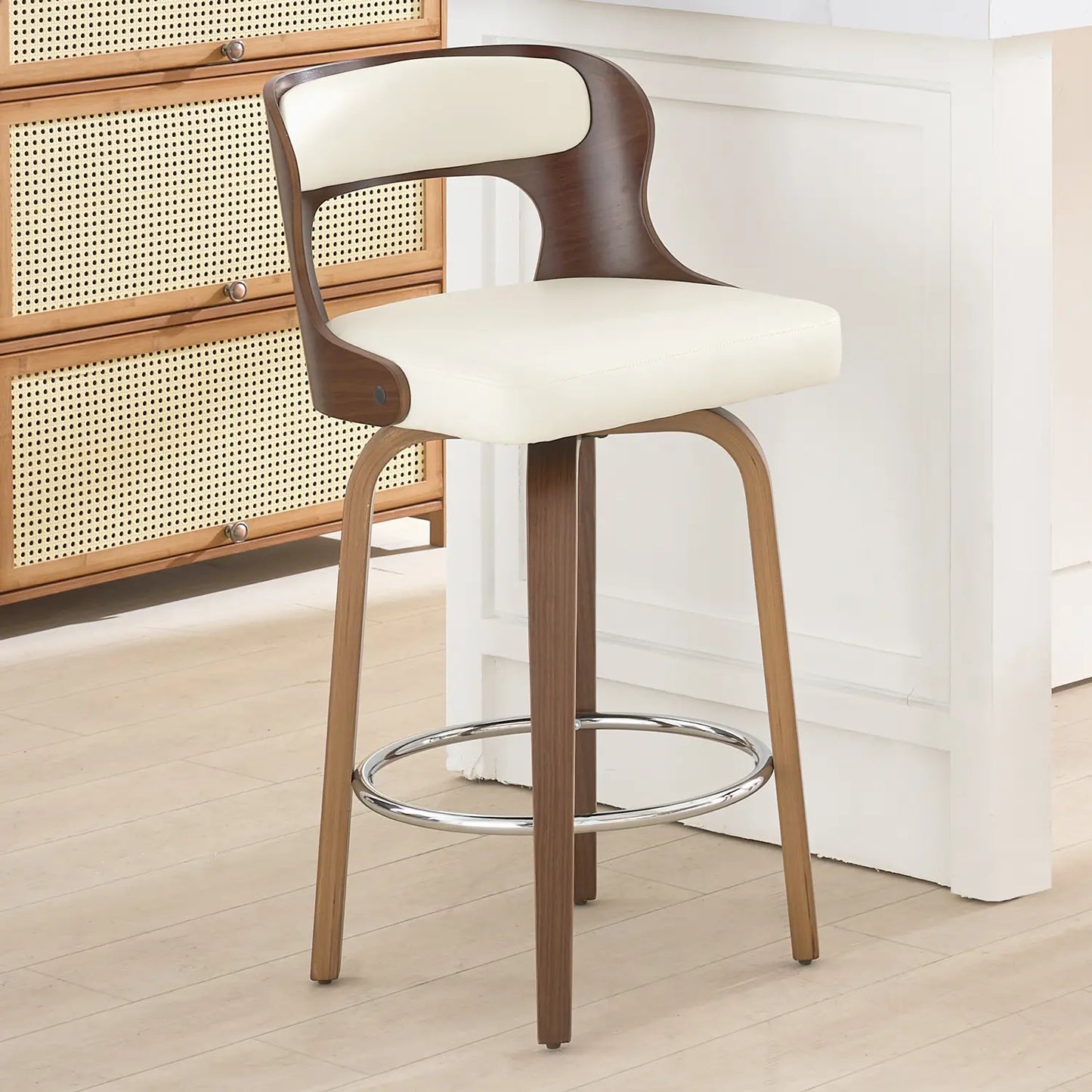 Counter Height Bar Stools Set - Mid-Century Modern Swivel Design with Bentwood Legs and Leather Upholstery, 360° Rotation, Available in Stylish Gray, Beige, Black, and White for Kitchen, Home Bar, or Restaurant
