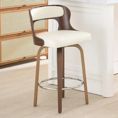 Counter Height Bar Stools Set - Mid-Century Modern Swivel Design with Bentwood Legs and Leather Upholstery, 360° Rotation, Available in Stylish Gray, Beige, Black, and White for Kitchen, Home Bar, or Restaurant