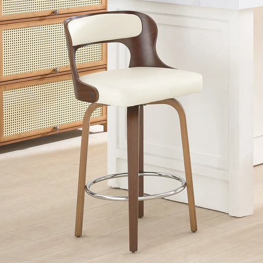 Counter Height Bar Stools Set - Mid-Century Modern Swivel Design with Bentwood Legs and Leather Upholstery, 360° Rotation, Available in Stylish Gray, Beige, Black, and White for Kitchen, Home Bar, or Restaurant