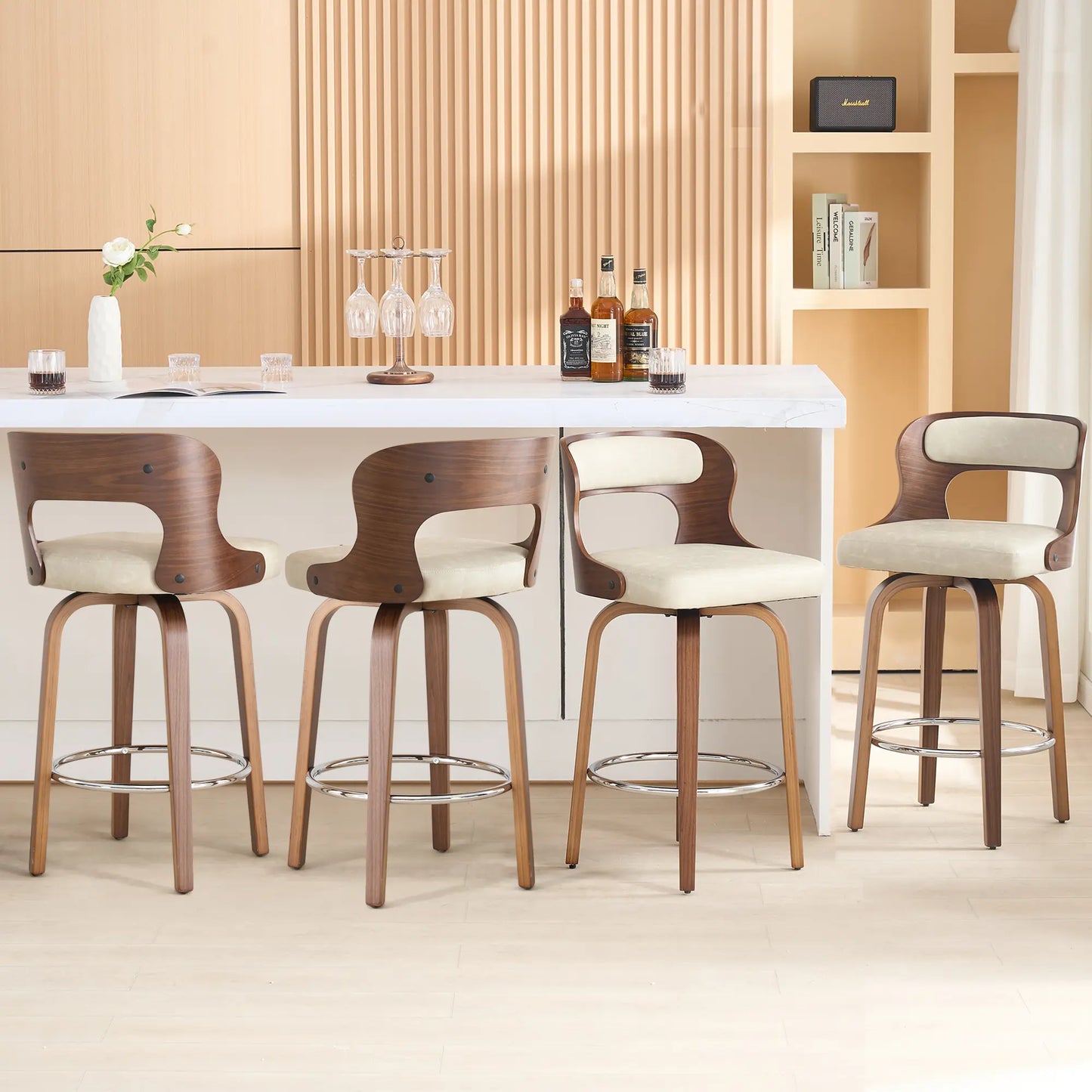 Counter Height Bar Stools Set - Mid-Century Modern Swivel Design with Bentwood Legs and Leather Upholstery, 360° Rotation, Available in Stylish Gray, Beige, Black, and White for Kitchen, Home Bar, or Restaurant