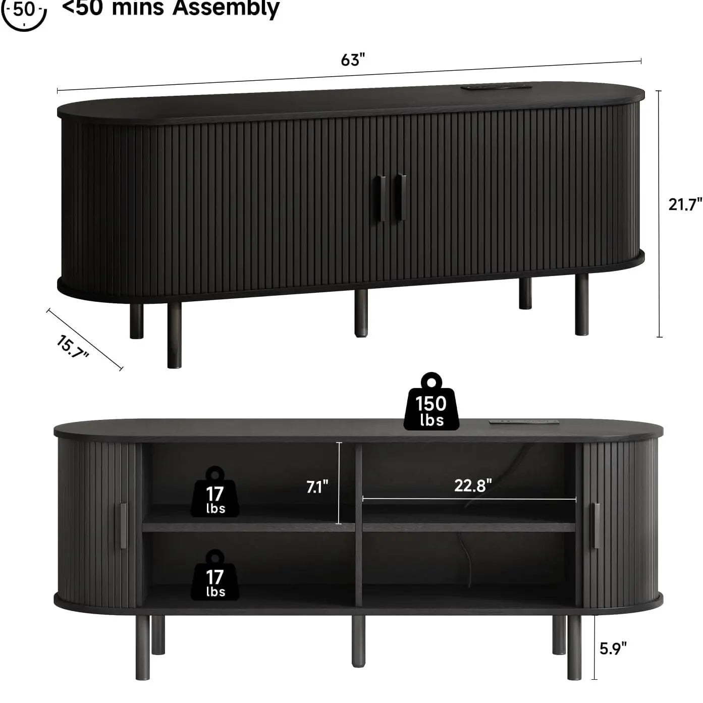 【Categoryselect】Onbrill Mid-Century Modern Wooden TV Stand - 55/63/69 In, Fluted Look, Power Outlets, Sliding Doors, Adjustable Shelves, Easy Assembly, for 60/70 in Tvs, Living Room Furniture Media Console TV Shelf