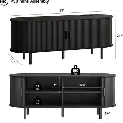 【Categoryselect】Onbrill Mid-Century Modern Wooden TV Stand - 55/63/69 In, Fluted Look, Power Outlets, Sliding Doors, Adjustable Shelves, Easy Assembly, for 60/70 in Tvs, Living Room Furniture Media Console TV Shelf