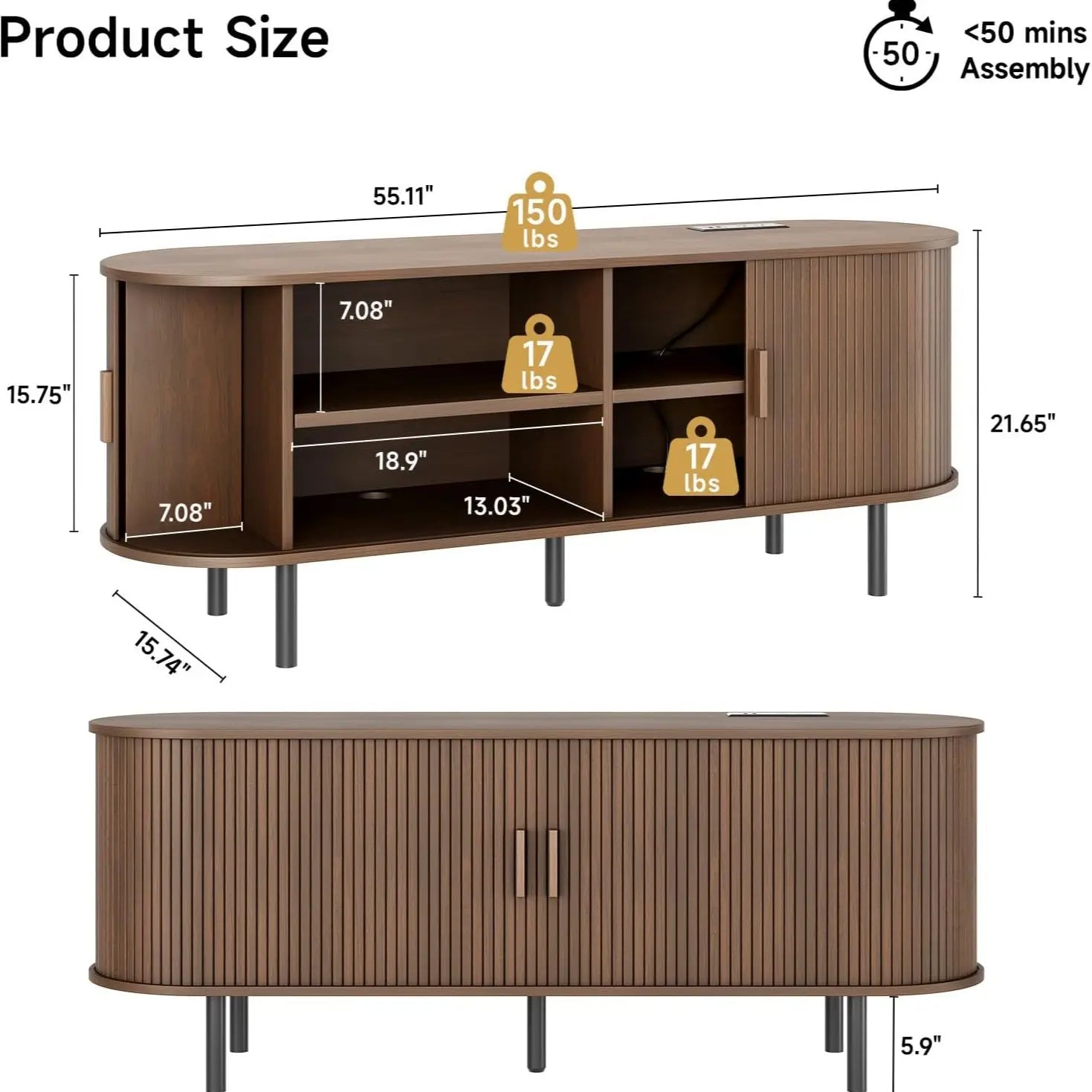 【Categoryselect】Onbrill Mid-Century Modern Wooden TV Stand - 55/63/69 In, Fluted Look, Power Outlets, Sliding Doors, Adjustable Shelves, Easy Assembly, for 60/70 in Tvs, Living Room Furniture Media Console TV Shelf