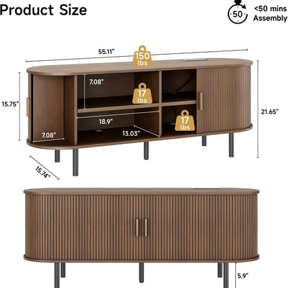 【Categoryselect】Onbrill Mid-Century Modern Wooden TV Stand - 55/63/69 In, Fluted Look, Power Outlets, Sliding Doors, Adjustable Shelves, Easy Assembly, for 60/70 in Tvs, Living Room Furniture Media Console TV Shelf