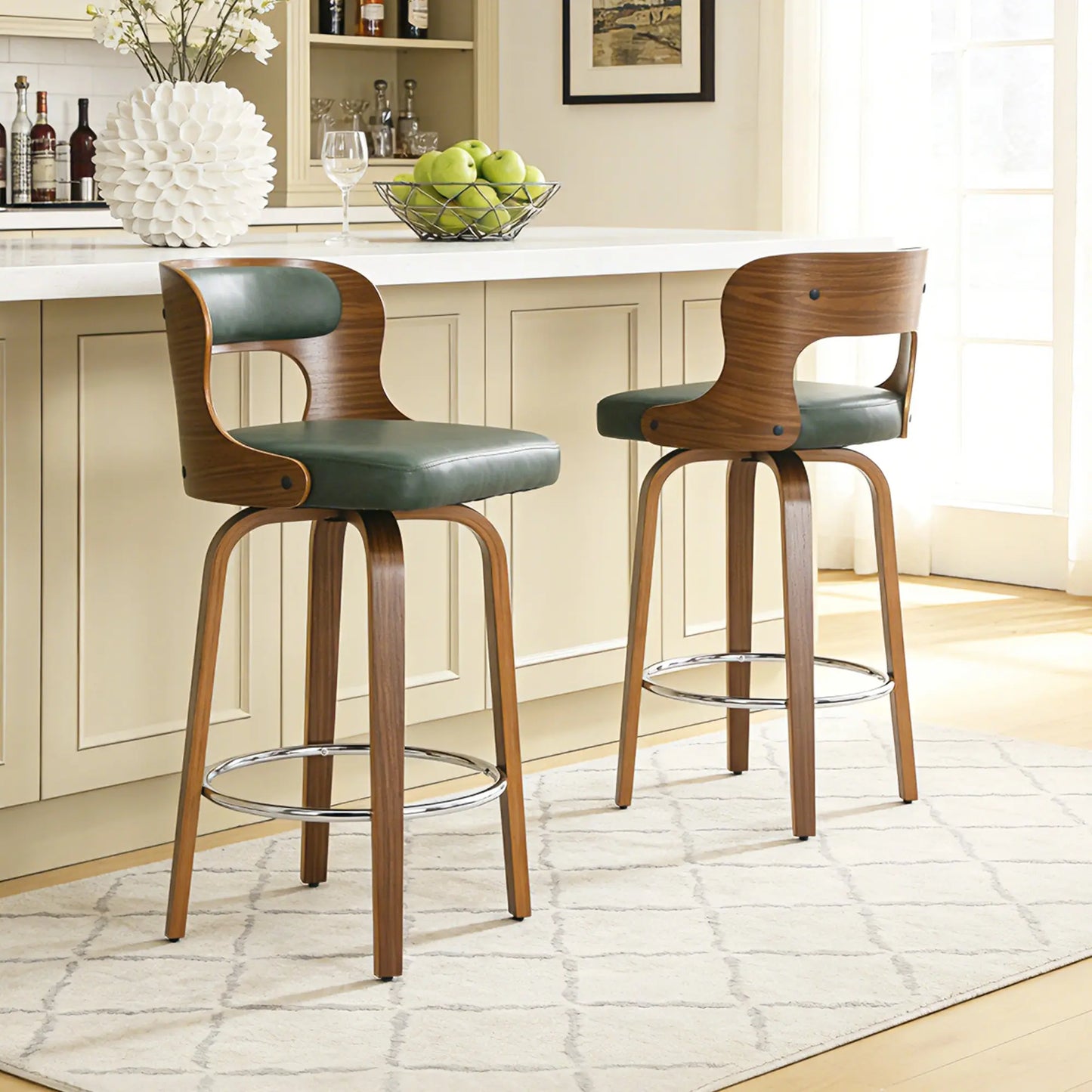 Counter Height Bar Stools Set - Mid-Century Modern Swivel Design with Bentwood Legs and Leather Upholstery, 360° Rotation, Available in Stylish Gray, Beige, Black, and White for Kitchen, Home Bar, or Restaurant