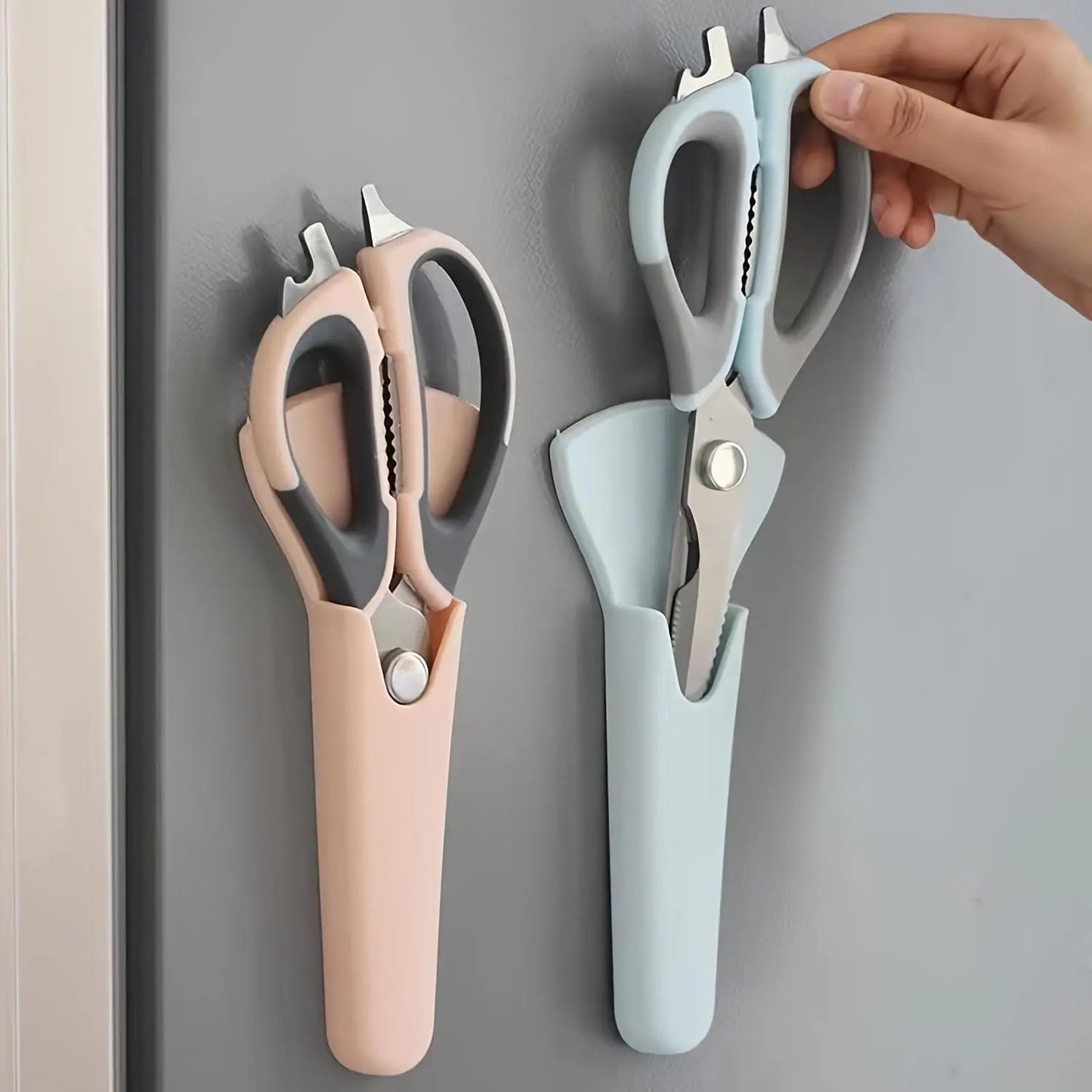 7-In-1 Multifunctional Kitchen Scissors - Detachable Stainless Steel Blade Shears with Magnetic Holder, Ergonomic Handles, Compact Storage, Cutting for Meat & Poultry, Pastel Pink, Light Blue