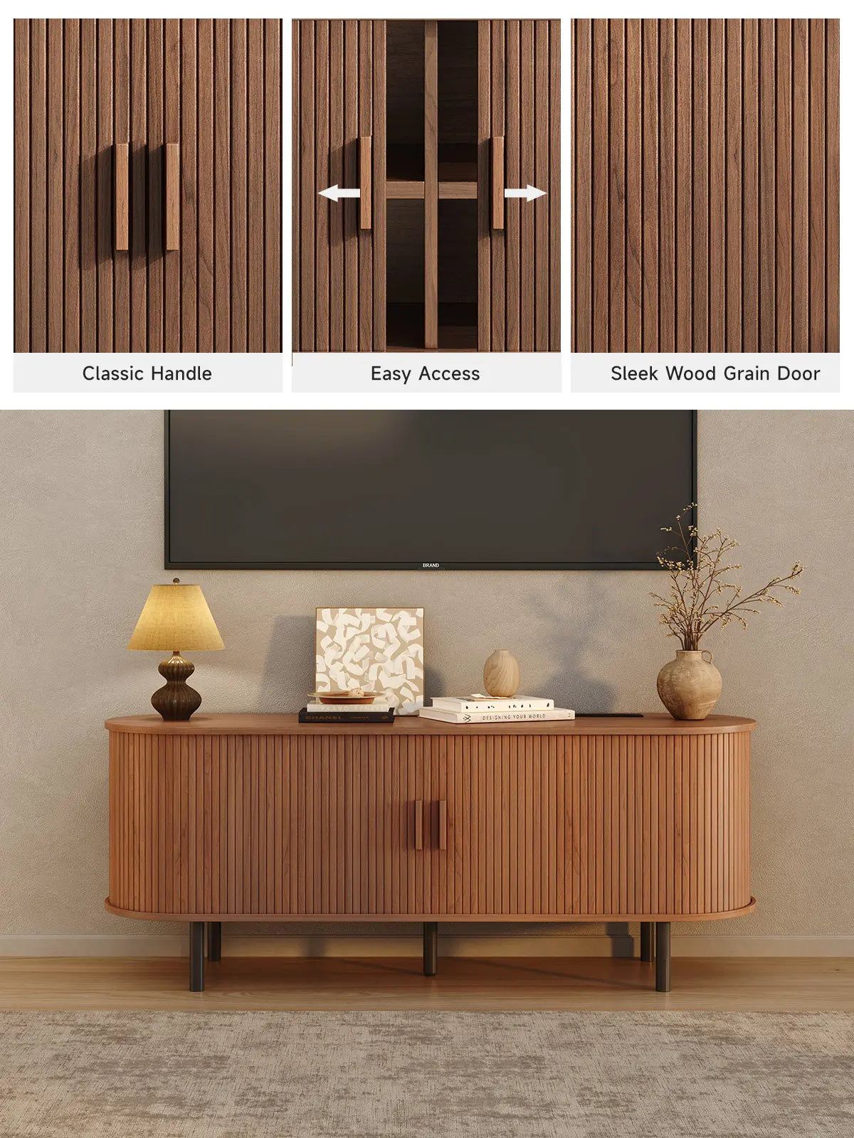 【Categoryselect】Onbrill Mid-Century Modern Wooden TV Stand - 55/63/69 In, Fluted Look, Power Outlets, Sliding Doors, Adjustable Shelves, Easy Assembly, for 60/70 in Tvs, Living Room Furniture Media Console TV Shelf