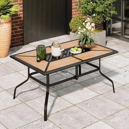 Phivilla Rectangular Outdoor Dining Table Set with 1.6"-2" Adjustable Umbrella Hole, 6 Person Patio Table for Outdoor, Rectangle Patio Table with Faux Wood Tabletop and Metal Steel Frame