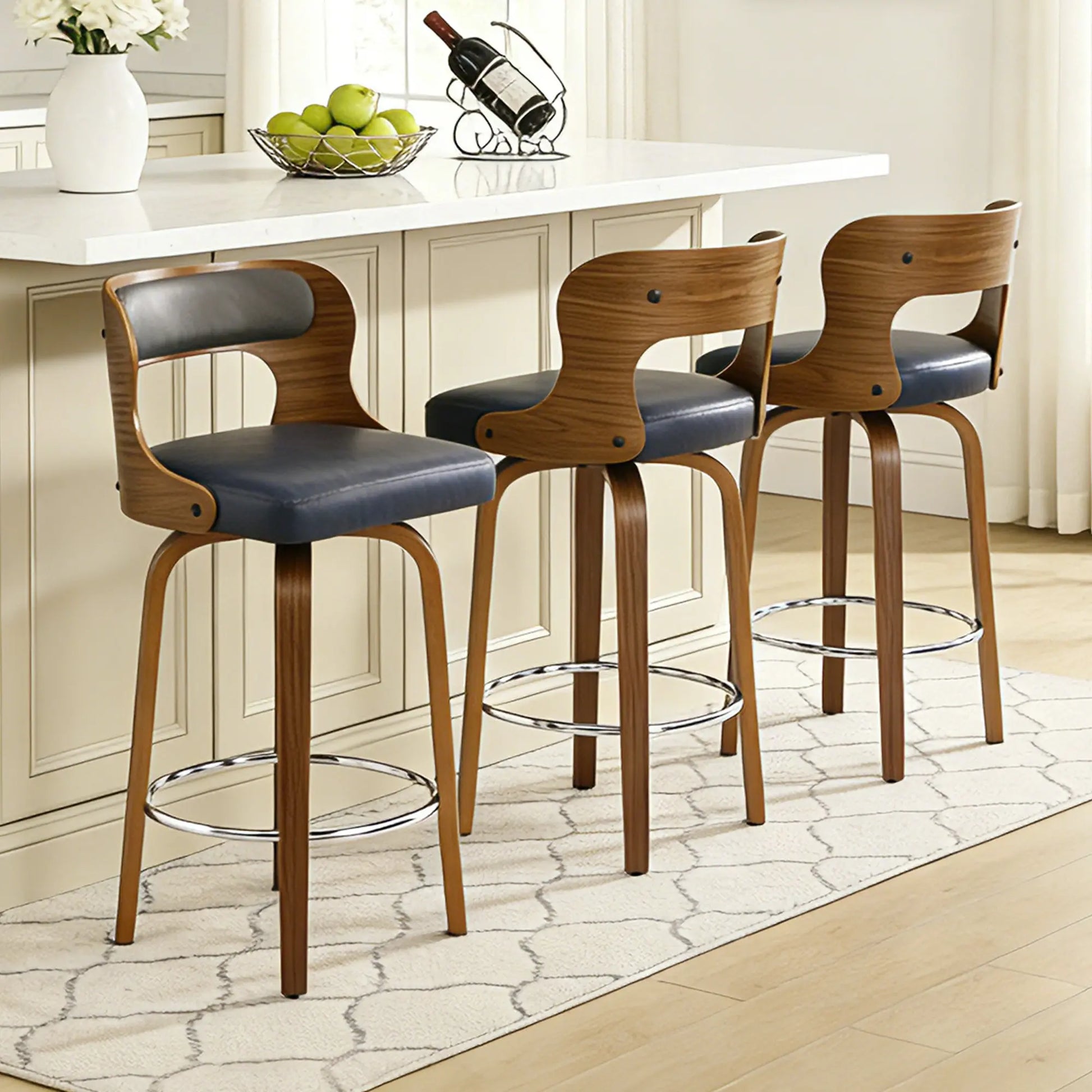 Counter Height Bar Stools Set - Mid-Century Modern Swivel Design with Bentwood Legs and Leather Upholstery, 360° Rotation, Available in Stylish Gray, Beige, Black, and White for Kitchen, Home Bar, or Restaurant