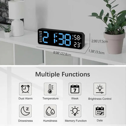 LED Digital Wall Clock with Mount and Switch - Dimmable Large Display, Countdown Timer, DST, Date, Week, Temperature - Modern Home Decor for Bedroom and Office - Ideal Gift for Mother's Day and Room Decor