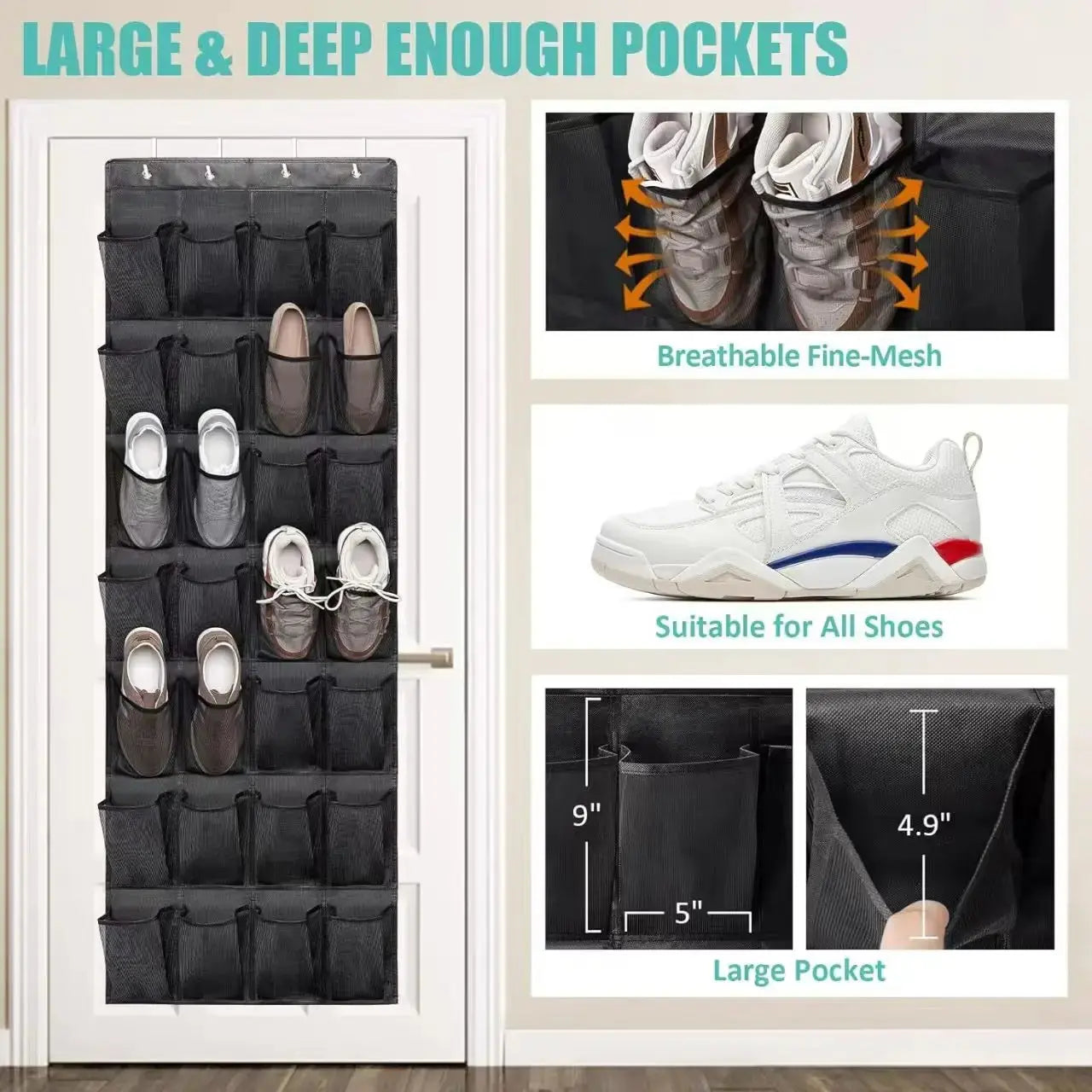 Over the Door Shoe Rack With12/14/24/28/35/40 Large Mesh Pockets Hanging Shoe Organizer for Closet Hanging Shoe Rack Holder Shoe Storage Bag