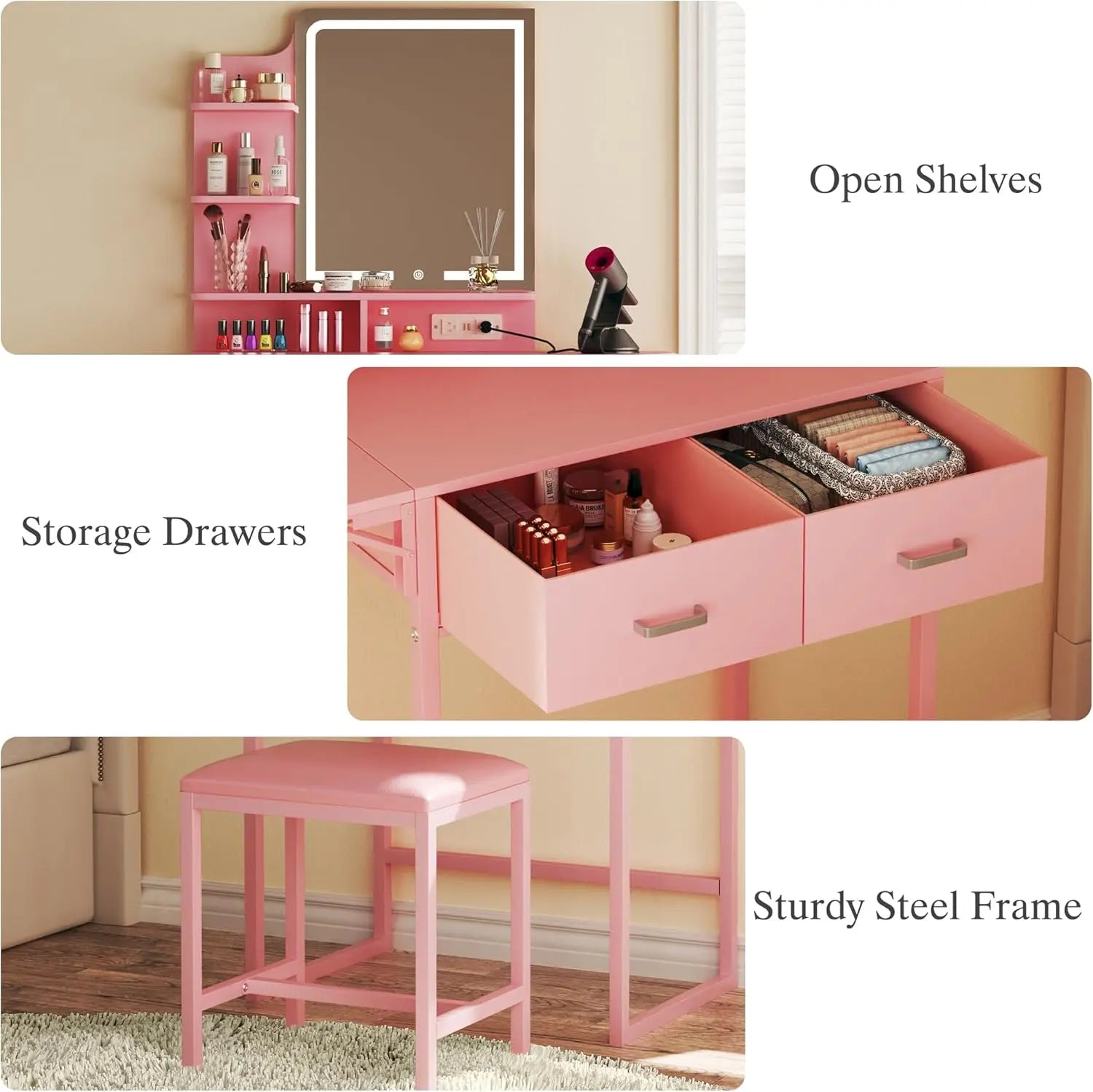 Makeup Vanity Desk with Mirror and Lights, Small Makeup Vanity with Fabric Storage Drawer & Chair & Shelves, Pink Vanity with Fold-Up Panel and Power Outlet for Bedroom