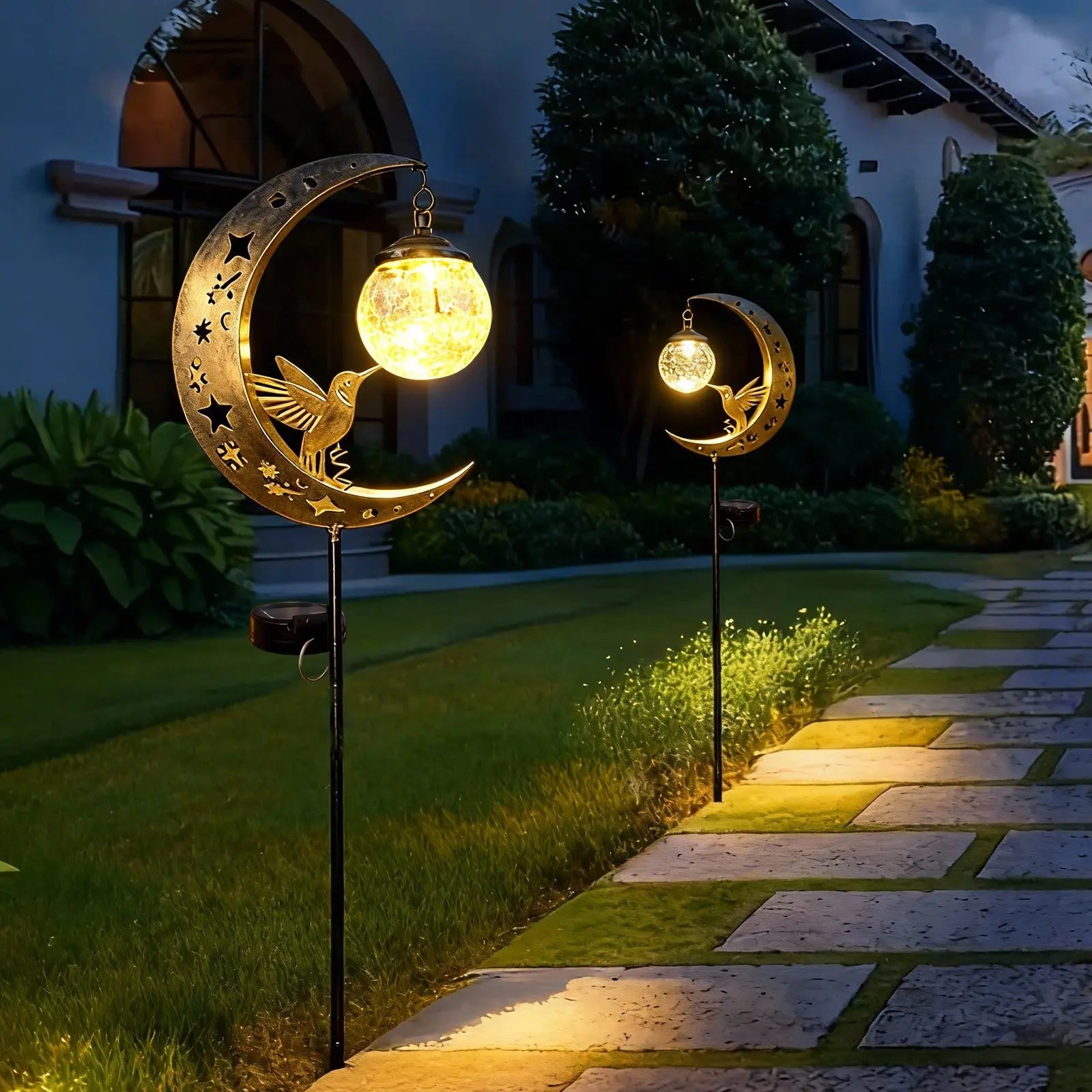 Solar Ground Stake Light with Hollow Iron Bird Moon Design and Broken Glass Ball for Outdoor Garden Pathway Decoration