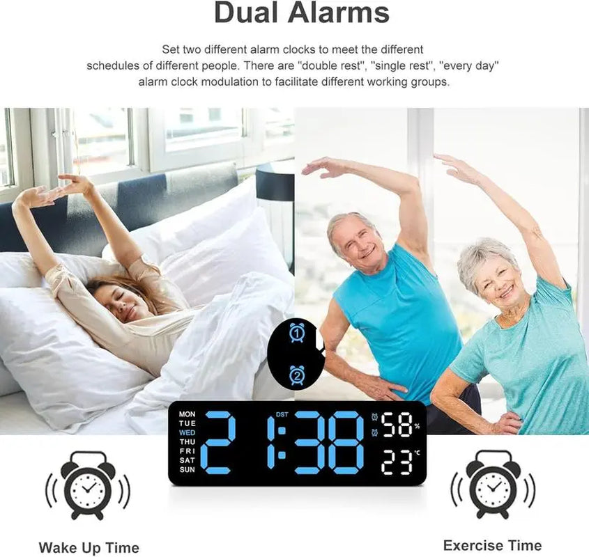 LED Digital Wall Clock with Mount and Switch - Dimmable Large Display, Countdown Timer, DST, Date, Week, Temperature - Modern Home Decor for Bedroom and Office - Ideal Gift for Mother's Day and Room Decor