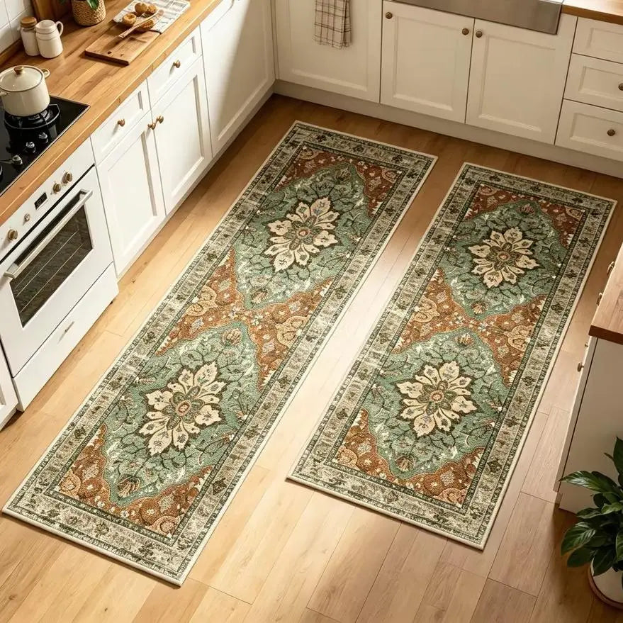 Summervibes BESTSWEETIE 2Pcs Kitchen Runner Rug Large Boho Area Rug Set Geometric Farmhouse Mat Non Slip Washable Mat for Kitchen Living Room Entryway Laundry Room