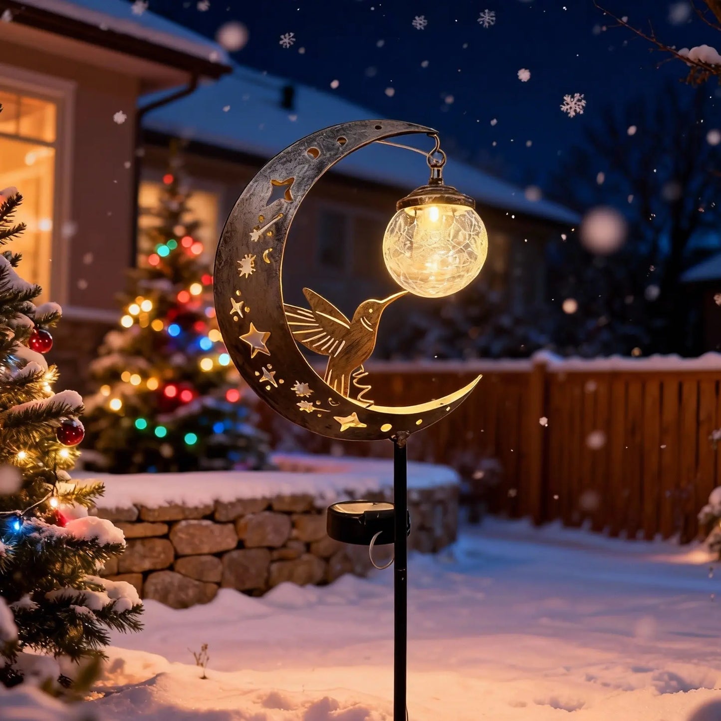 Solar Ground Stake Light with Hollow Iron Bird Moon Design and Broken Glass Ball for Outdoor Garden Pathway Decoration