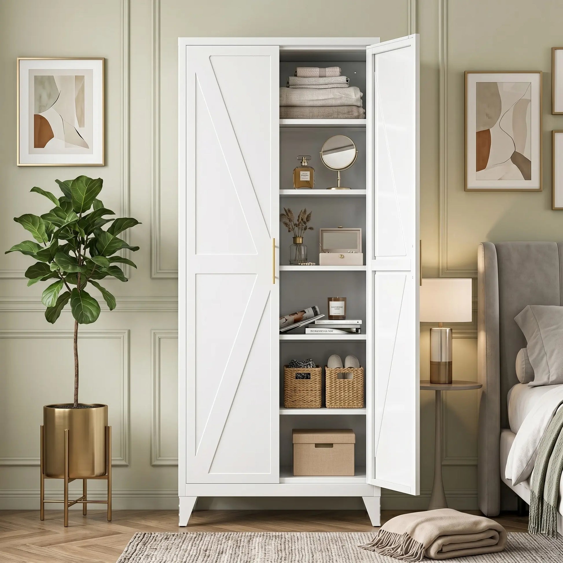 75" H Metal Pantry Storage Cabinet with Doors,Farmhouse Kitchen Pantry Cabinet with 5 Adjustable Shelves for Kitchen, Living Room,Assemble Required,White,15.75" D X 31.5" W X 75.3" H