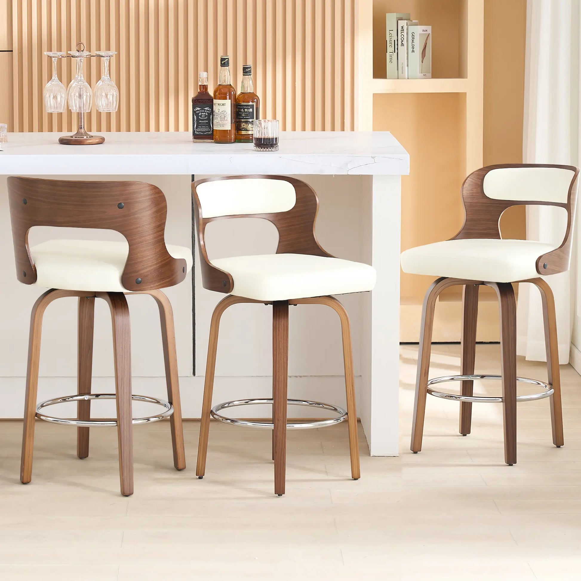 Counter Height Bar Stools Set - Mid-Century Modern Swivel Design with Bentwood Legs and Leather Upholstery, 360° Rotation, Available in Stylish Gray, Beige, Black, and White for Kitchen, Home Bar, or Restaurant