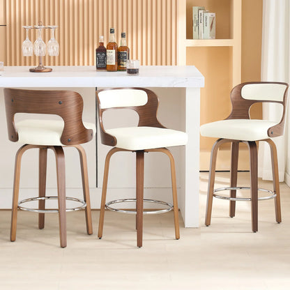 Counter Height Bar Stools Set - Mid-Century Modern Swivel Design with Bentwood Legs and Leather Upholstery, 360° Rotation, Available in Stylish Gray, Beige, Black, and White for Kitchen, Home Bar, or Restaurant