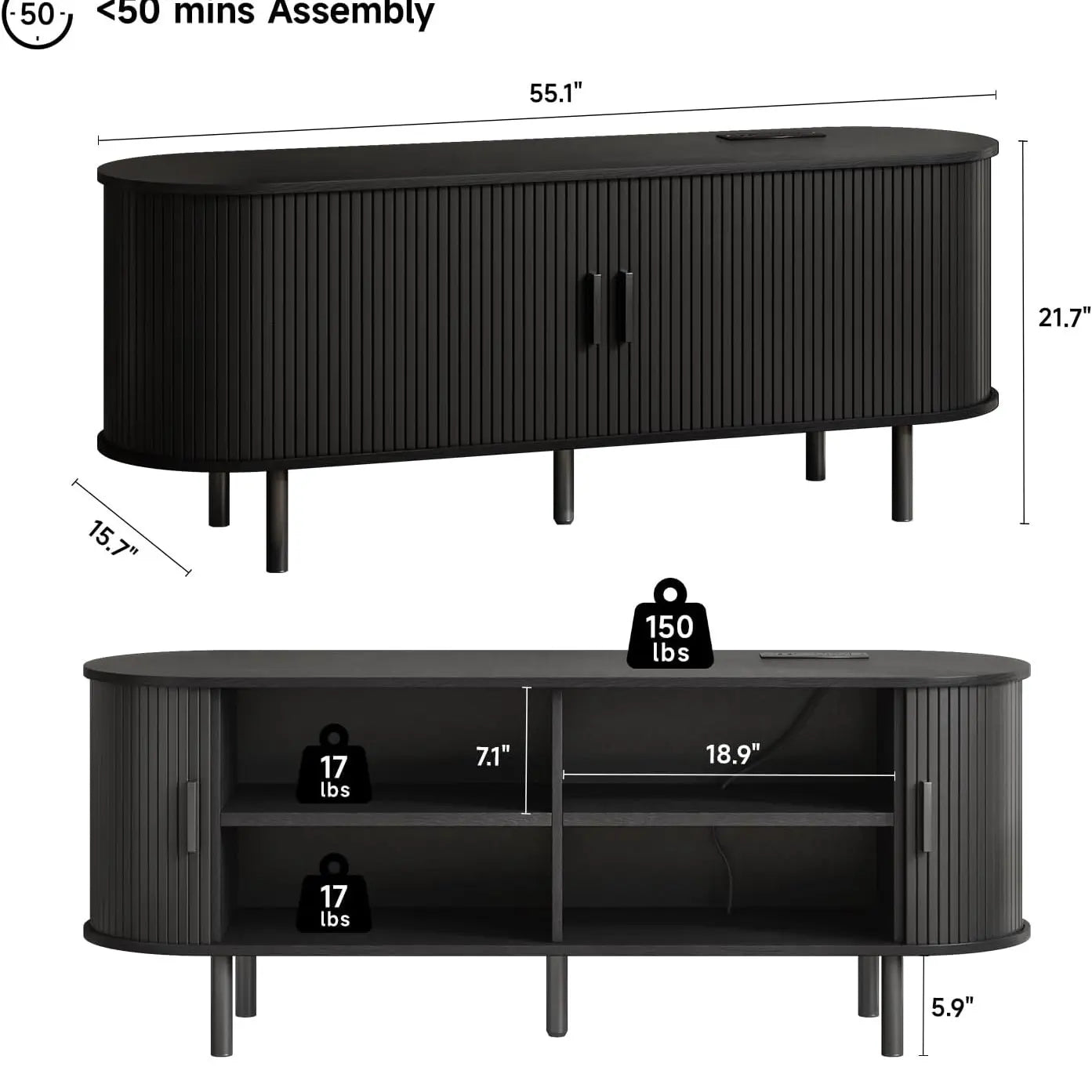 【Categoryselect】Onbrill Mid-Century Modern Wooden TV Stand - 55/63/69 In, Fluted Look, Power Outlets, Sliding Doors, Adjustable Shelves, Easy Assembly, for 60/70 in Tvs, Living Room Furniture Media Console TV Shelf