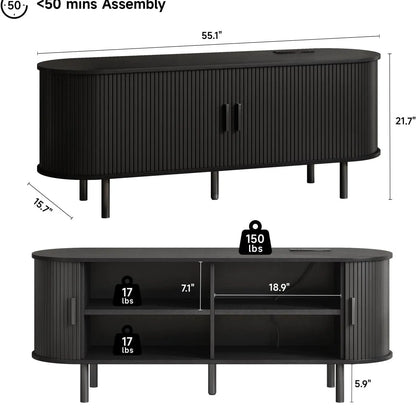 【Categoryselect】Onbrill Mid-Century Modern Wooden TV Stand - 55/63/69 In, Fluted Look, Power Outlets, Sliding Doors, Adjustable Shelves, Easy Assembly, for 60/70 in Tvs, Living Room Furniture Media Console TV Shelf