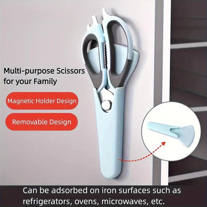 7-In-1 Multifunctional Kitchen Scissors - Detachable Stainless Steel Blade Shears with Magnetic Holder, Ergonomic Handles, Compact Storage, Cutting for Meat & Poultry, Pastel Pink, Light Blue