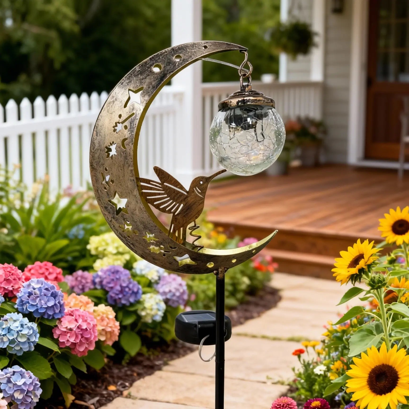 Solar Ground Stake Light with Hollow Iron Bird Moon Design and Broken Glass Ball for Outdoor Garden Pathway Decoration