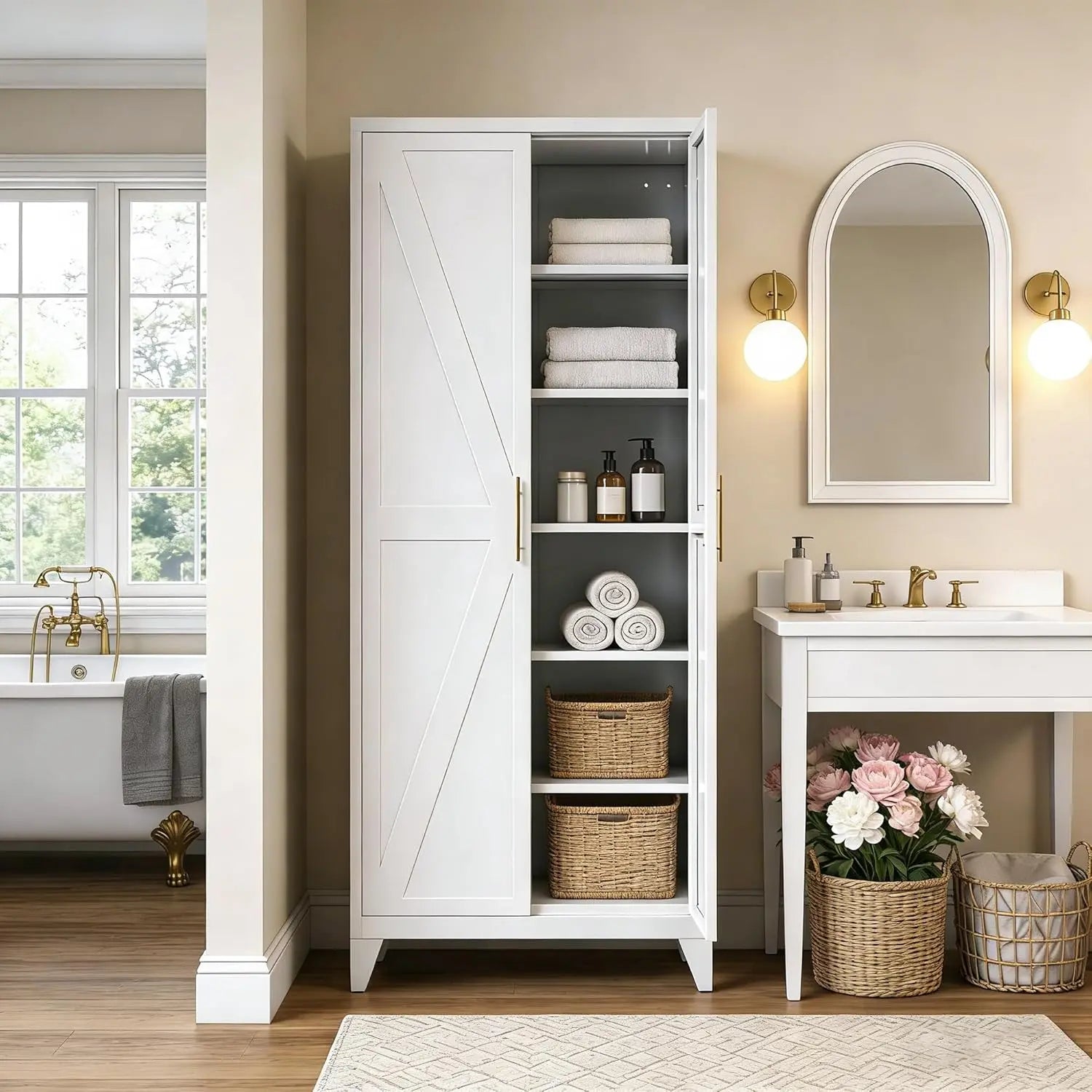 75" H Metal Pantry Storage Cabinet with Doors,Farmhouse Kitchen Pantry Cabinet with 5 Adjustable Shelves for Kitchen, Living Room,Assemble Required,White,15.75" D X 31.5" W X 75.3" H