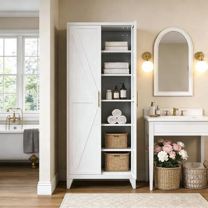 75" H Metal Pantry Storage Cabinet with Doors,Farmhouse Kitchen Pantry Cabinet with 5 Adjustable Shelves for Kitchen, Living Room,Assemble Required,White,15.75" D X 31.5" W X 75.3" H