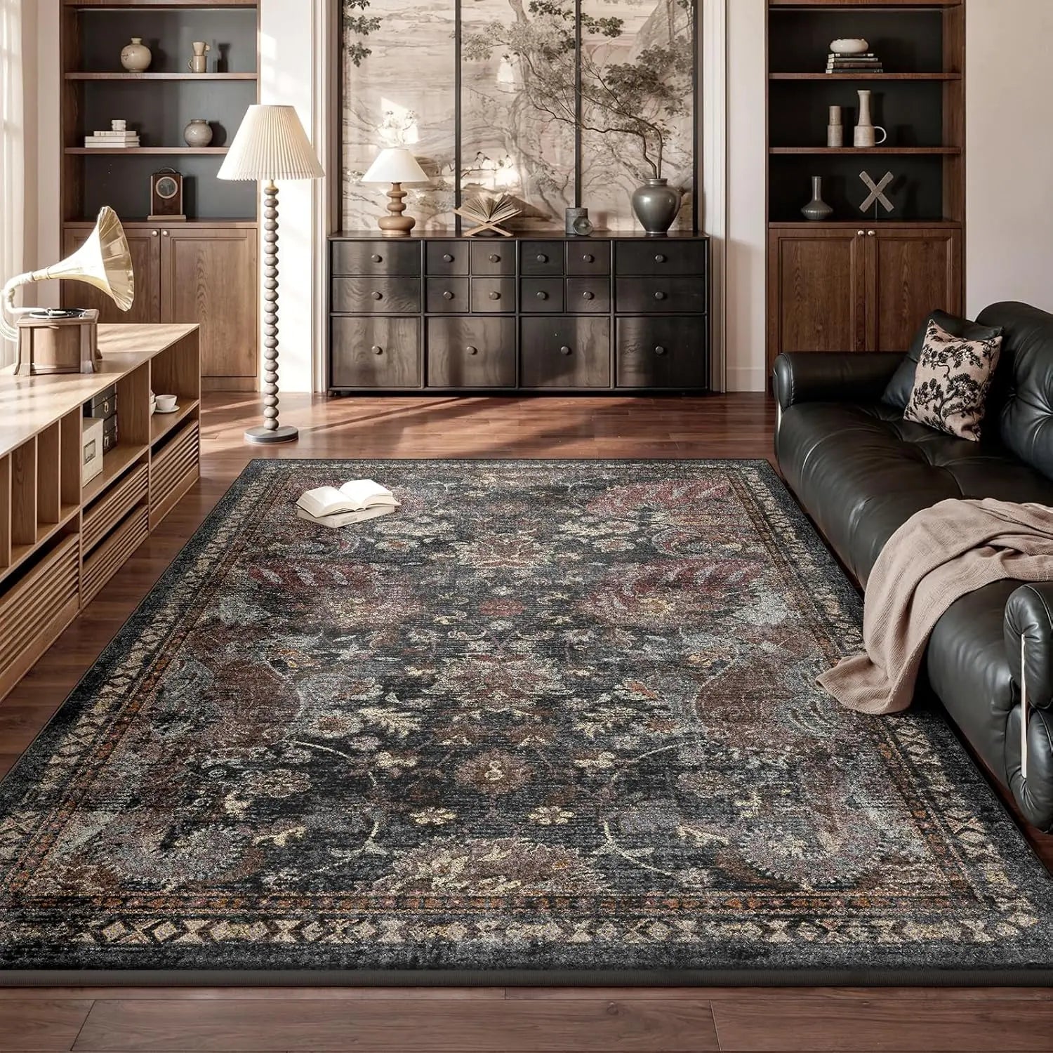 Large Black Persian-Style Living Room Rug, Exquisitely Patterned Faux Cashmere, Soft, Slip-Resistant, Durable, Machine Washable - Ideal for Living Rooms, Bedrooms, Dorms, Entryways, and Home Decor