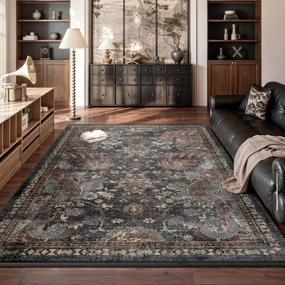 Large Black Persian-Style Living Room Rug, Exquisitely Patterned Faux Cashmere, Soft, Slip-Resistant, Durable, Machine Washable - Ideal for Living Rooms, Bedrooms, Dorms, Entryways, and Home Decor