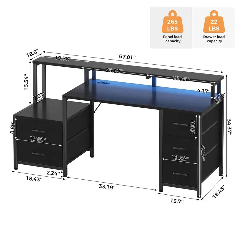 Sweetcrispy 67'' Computer Gaming Desk with 5-Drawer Storage, Monitor Stand, LED Lights, Power Outlets and Printer Cabinet