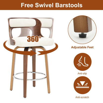 Counter Height Bar Stools Set - Mid-Century Modern Swivel Design with Bentwood Legs and Leather Upholstery, 360° Rotation, Available in Stylish Gray, Beige, Black, and White for Kitchen, Home Bar, or Restaurant