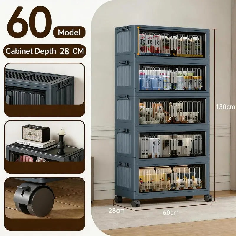 5 Tier Folding Storage Containers with Wheels, Stackable Collapsible Plastic Bins, Durable Organizer for Kitchen Pantry and Closet