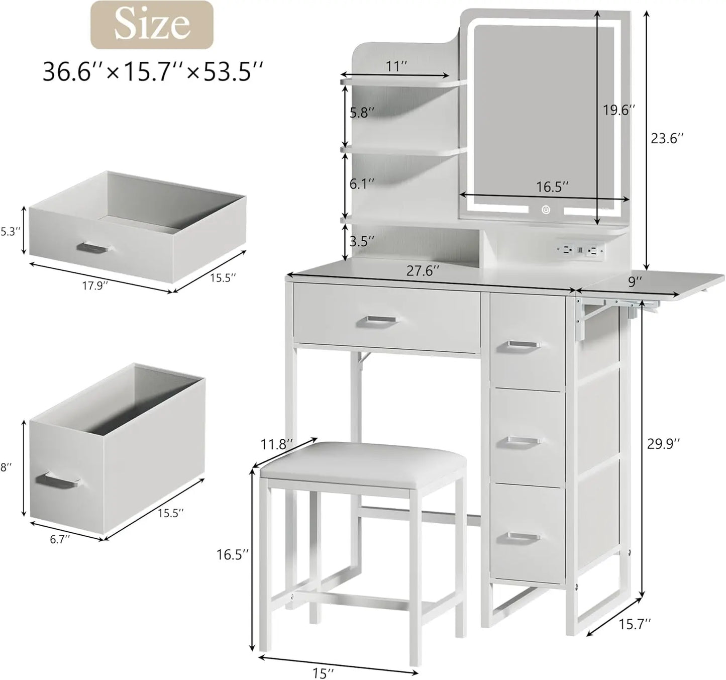 Makeup Vanity Desk with Mirror and Lights, Small Makeup Vanity with Fabric Storage Drawer & Chair & Shelves, Pink Vanity with Fold-Up Panel and Power Outlet for Bedroom