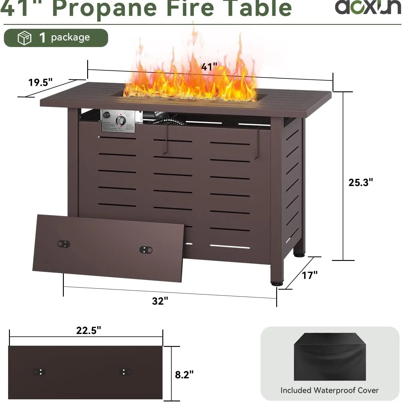 Aoxun 40 Inch Propane Fire Pit–50,000 BTU Gas Fire Pit Table with Removable Lid & Lava Rocks, Rectangle Firepit Table for Outside, Patio, Deck, Backyard, Black