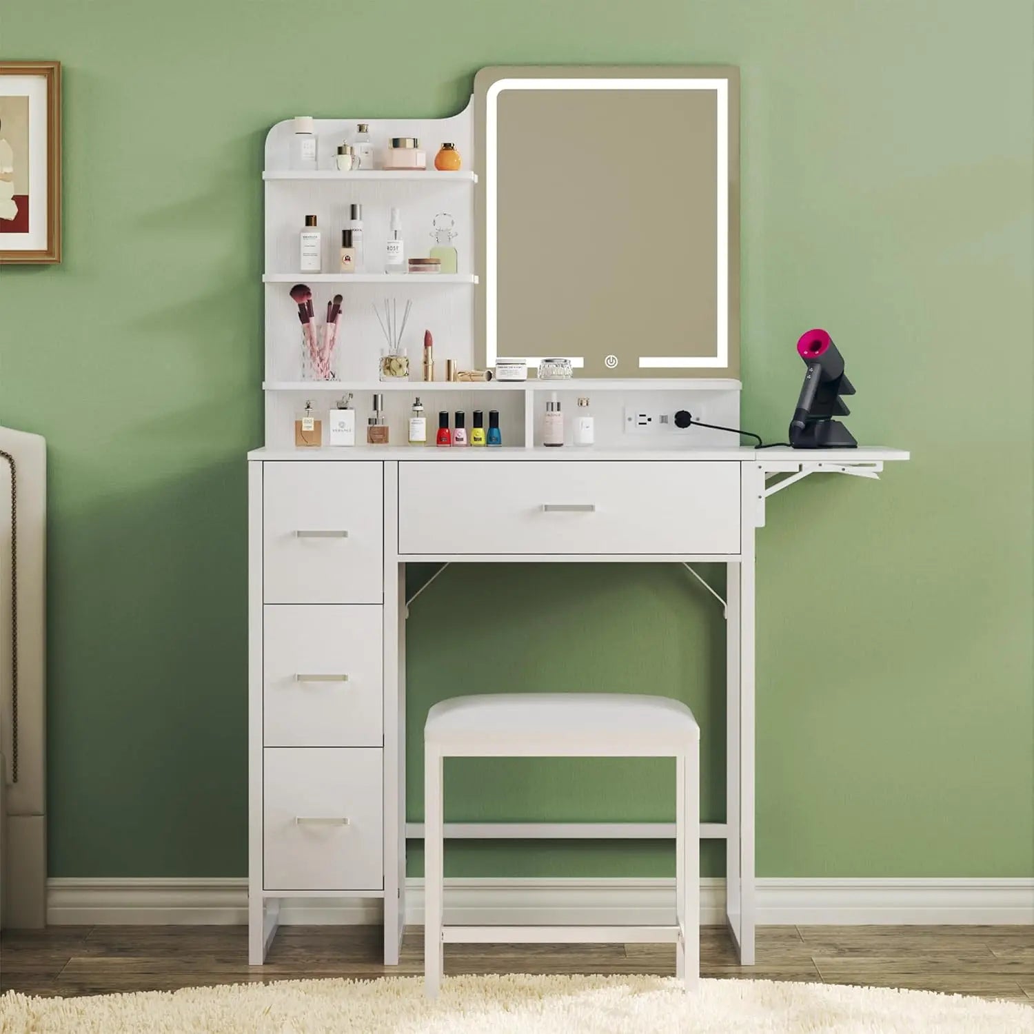 Makeup Vanity Desk with Mirror and Lights, Small Makeup Vanity with Fabric Storage Drawer & Chair & Shelves, Pink Vanity with Fold-Up Panel and Power Outlet for Bedroom