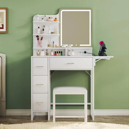 Makeup Vanity Desk with Mirror and Lights, Small Makeup Vanity with Fabric Storage Drawer & Chair & Shelves, Pink Vanity with Fold-Up Panel and Power Outlet for Bedroom