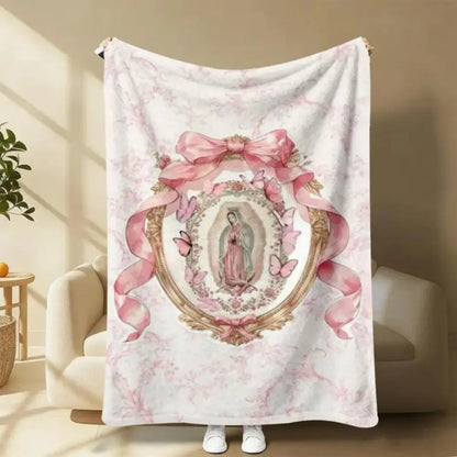 Virgin Mary Our Lady of Guadalupe Pink Bow Frame Flannel Blanket Soft Funny Throw Blanket Cozy Lightweight Plush Portable Cover Blanket for Sofa,Warm Gift for Birthday,Christmas,Multiple Blanket