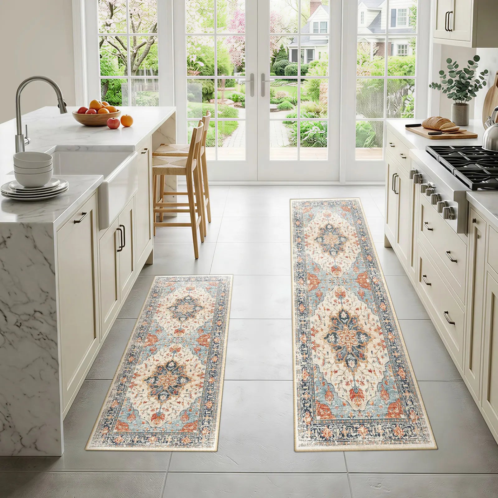 Summervibes BESTSWEETIE 2Pcs Kitchen Runner Rug Large Boho Area Rug Set Geometric Farmhouse Mat Non Slip Washable Mat for Kitchen Living Room Entryway Laundry Room
