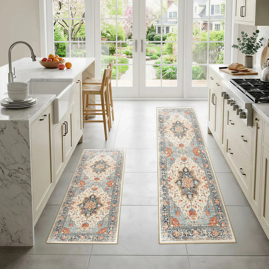 Summervibes BESTSWEETIE 2Pcs Kitchen Runner Rug Large Boho Area Rug Set Geometric Farmhouse Mat Non Slip Washable Mat for Kitchen Living Room Entryway Laundry Room