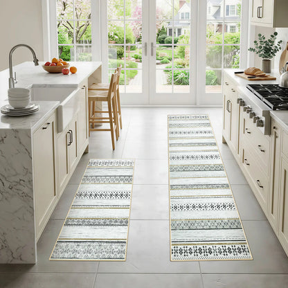Summervibes BESTSWEETIE 2Pcs Kitchen Runner Rug Large Boho Area Rug Set Geometric Farmhouse Mat Non Slip Washable Mat for Kitchen Living Room Entryway Laundry Room
