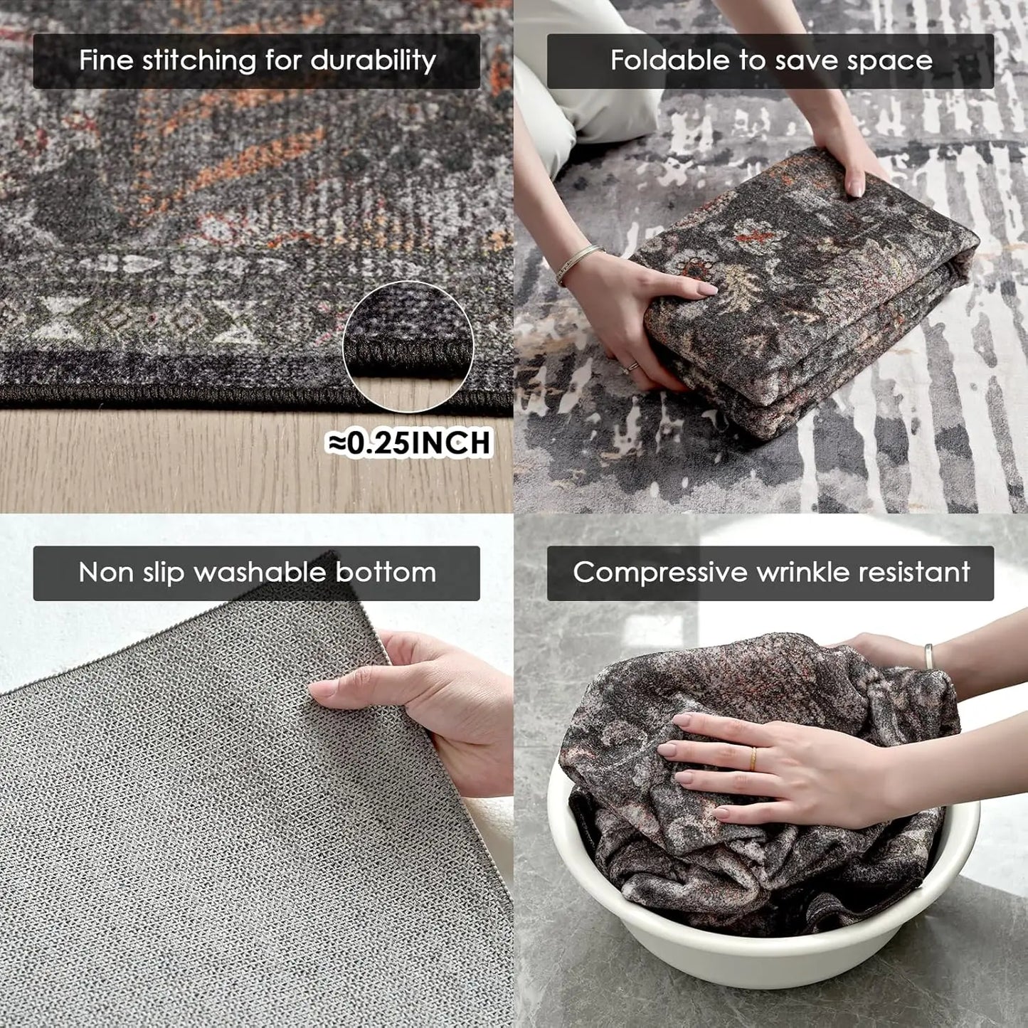 Large Black Persian-Style Living Room Rug, Exquisitely Patterned Faux Cashmere, Soft, Slip-Resistant, Durable, Machine Washable - Ideal for Living Rooms, Bedrooms, Dorms, Entryways, and Home Decor