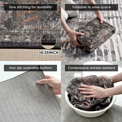 Large Black Persian-Style Living Room Rug, Exquisitely Patterned Faux Cashmere, Soft, Slip-Resistant, Durable, Machine Washable - Ideal for Living Rooms, Bedrooms, Dorms, Entryways, and Home Decor