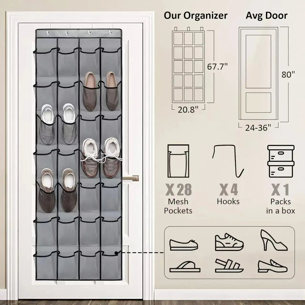 Over the Door Shoe Rack With12/14/24/28/35/40 Large Mesh Pockets Hanging Shoe Organizer for Closet Hanging Shoe Rack Holder Shoe Storage Bag