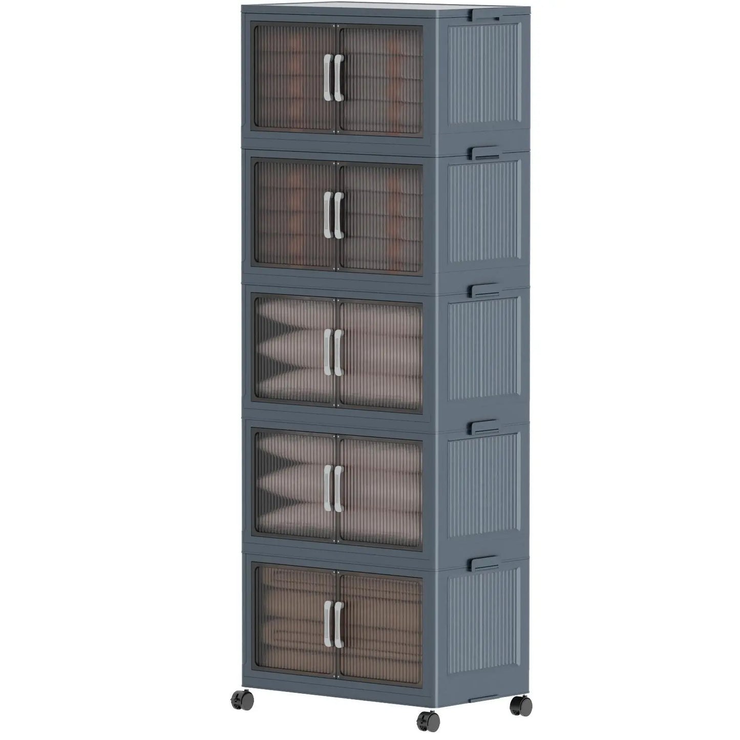 5 Tier Folding Storage Containers with Wheels, Stackable Collapsible Plastic Bins, Durable Organizer for Kitchen Pantry and Closet