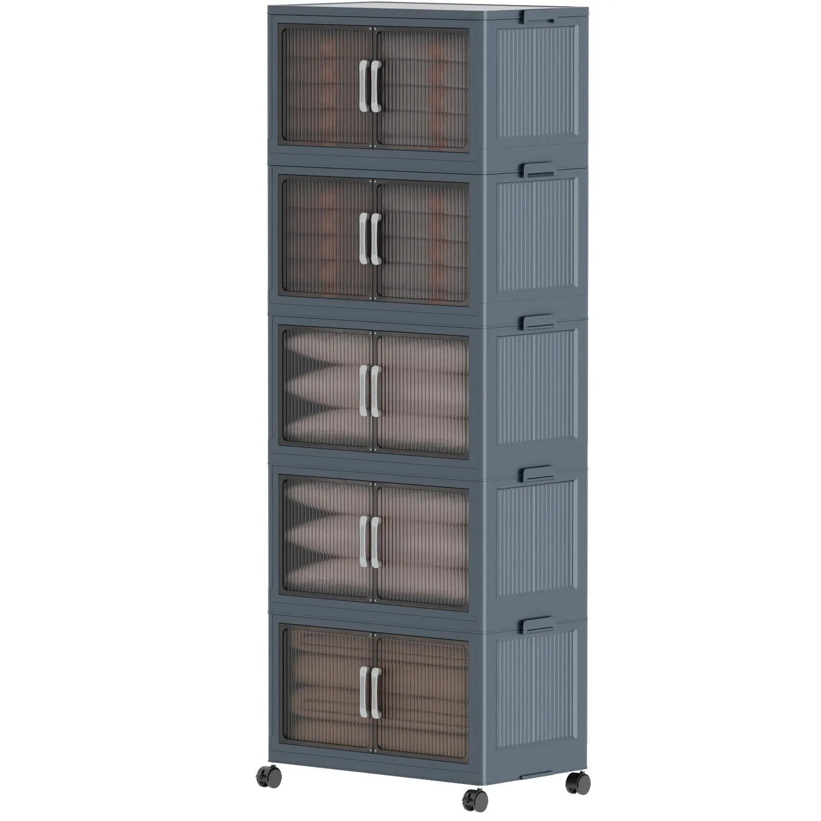 5 Tier Folding Storage Containers with Wheels, Stackable Collapsible Plastic Bins, Durable Organizer for Kitchen Pantry and Closet